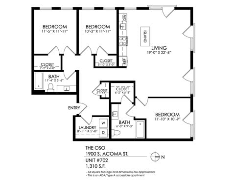 Floor plan for 3 beds, 2 baths, 1386 sqft